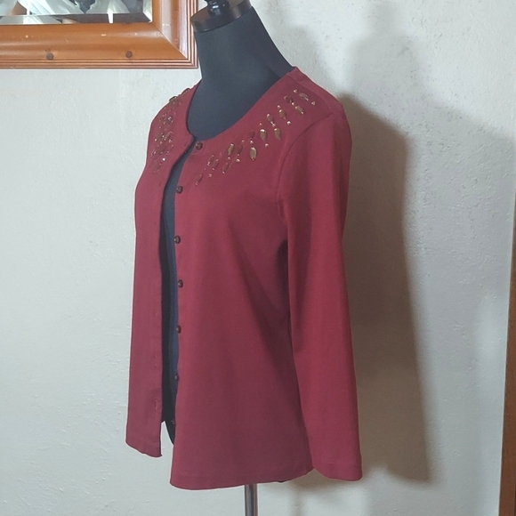 Women's Rafaella Petite Wine Cardigan with Champagne Gold Accents Sz PM - Picture 5 of 11
